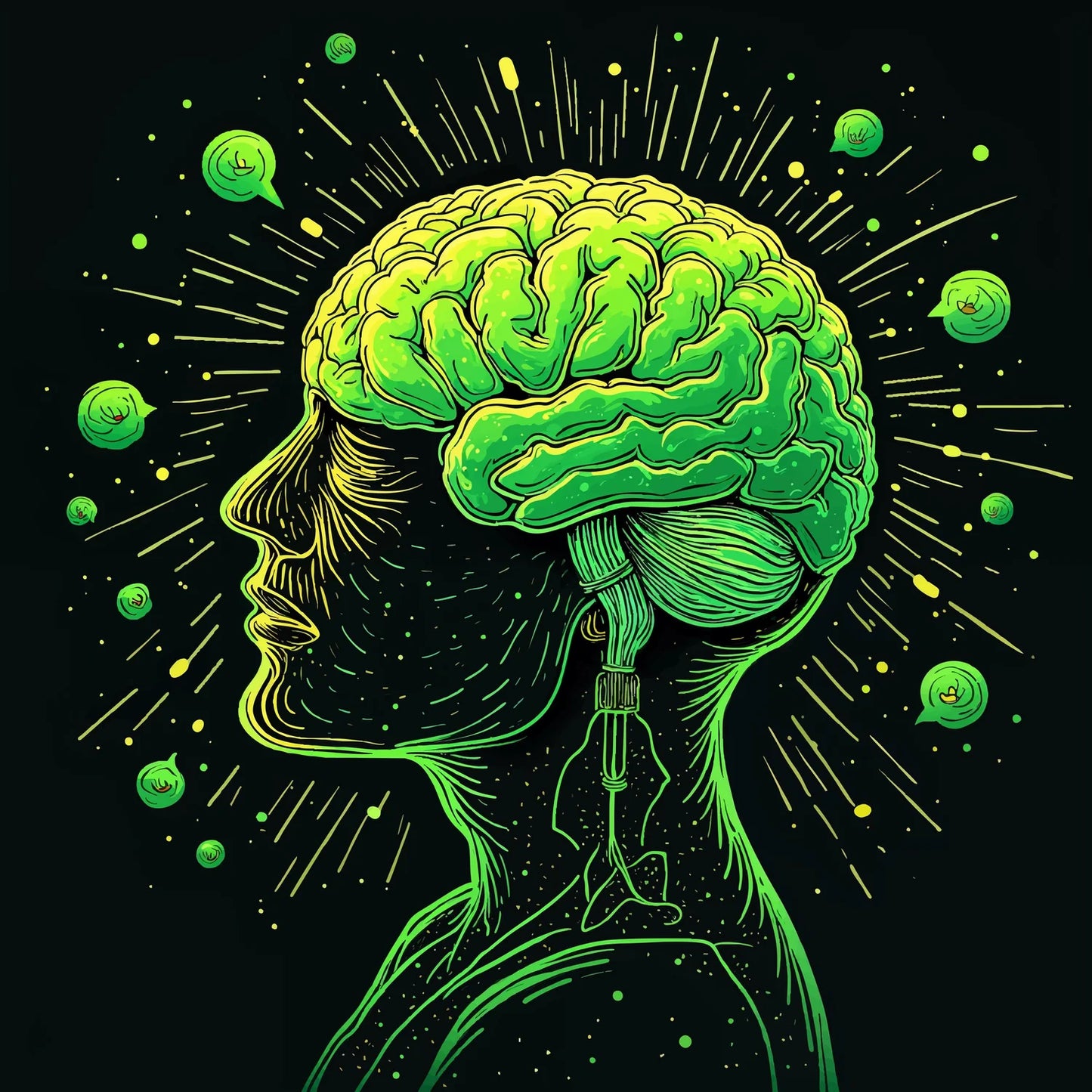 Glowing Green Brain Art – Neon Mindscape Illustration — Simples Agency